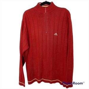 Adidas Rust Red Wide Ribbed Knit Striped Half Zip Pullover Sweater Size Large
